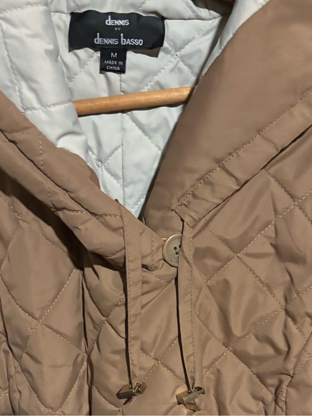 dennis basso Quilted Tan Puffer Coat with Cream Lined Hood - Picture 2 of 4